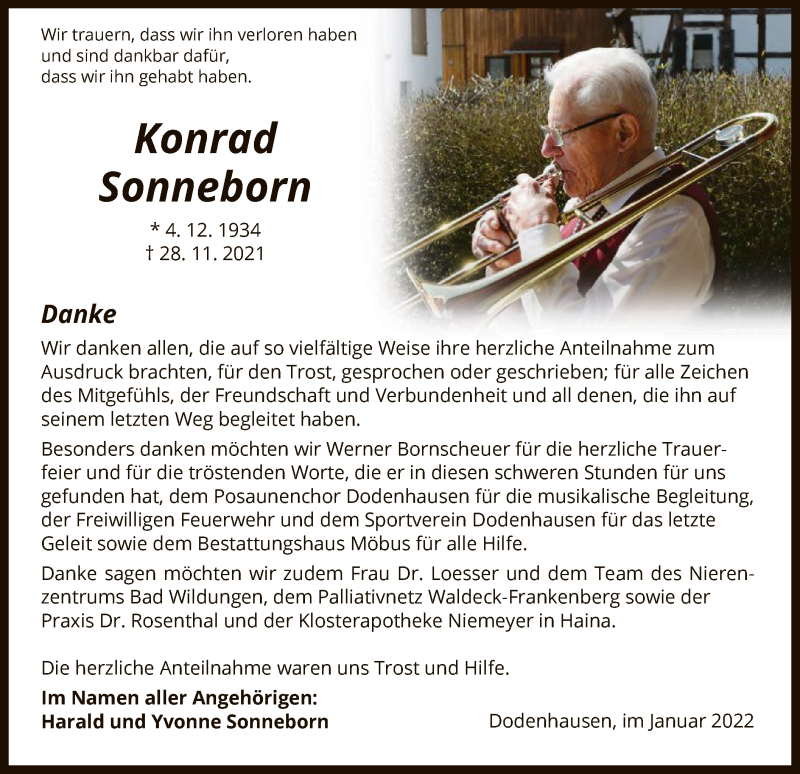  Traueranzeige für Konrad Sonneborn vom 15.01.2022 aus HNA