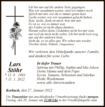 Traueranzeige von Lars Stöhr von WLZ