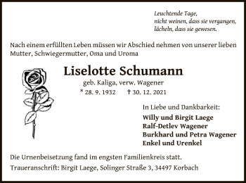 Traueranzeige von Liselotte Schumann von WLZ
