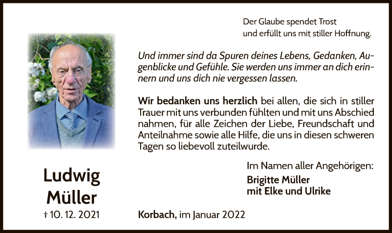  Traueranzeige für Ludwig Müller vom 05.01.2022 aus WLZ
