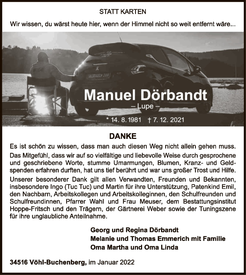  Traueranzeige für Manuel Dörbandt vom 15.01.2022 aus WLZ