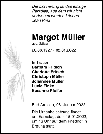 Traueranzeige von Margot Müller von WLZ