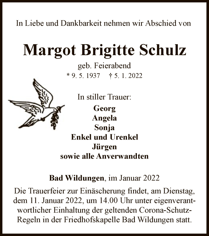  Traueranzeige für Margot Brigitte Schulz vom 08.01.2022 aus WLZ