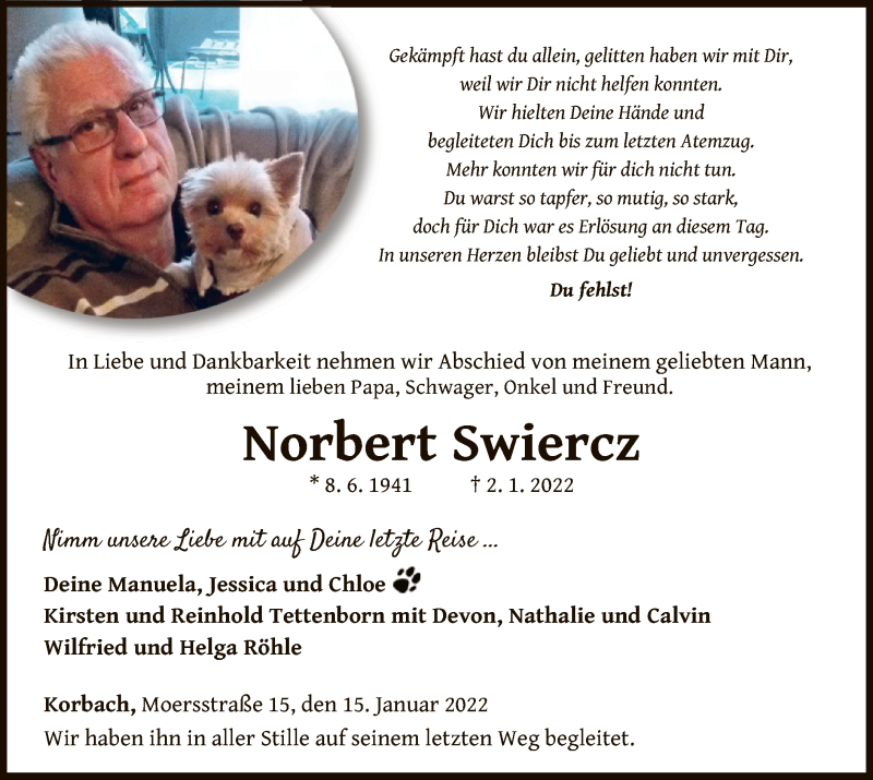  Traueranzeige für Norbert Swiercz vom 15.01.2022 aus WLZ