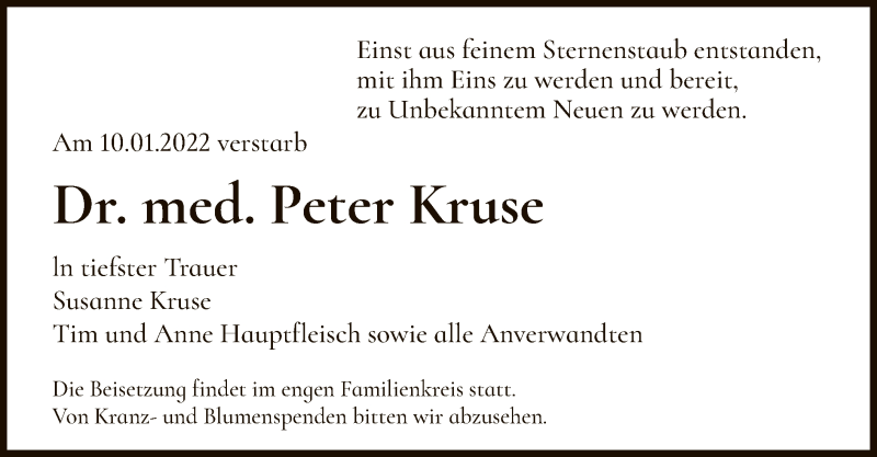  Traueranzeige für Peter Kruse vom 22.01.2022 aus WLZ