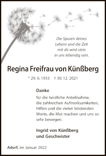 Traueranzeige von Regina Freifrau von Künßberg von WLZ