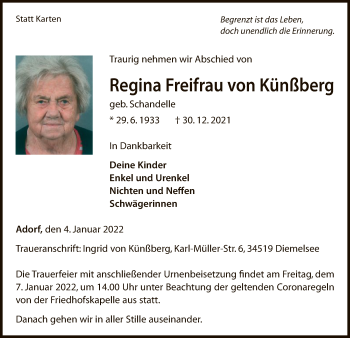 Traueranzeige von Regina Freifrau von Künßberg von WLZ