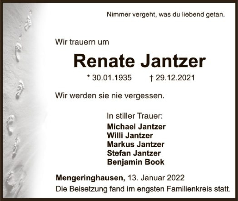 Traueranzeige für Renate Jantzer vom 13.01.2022 aus WLZ