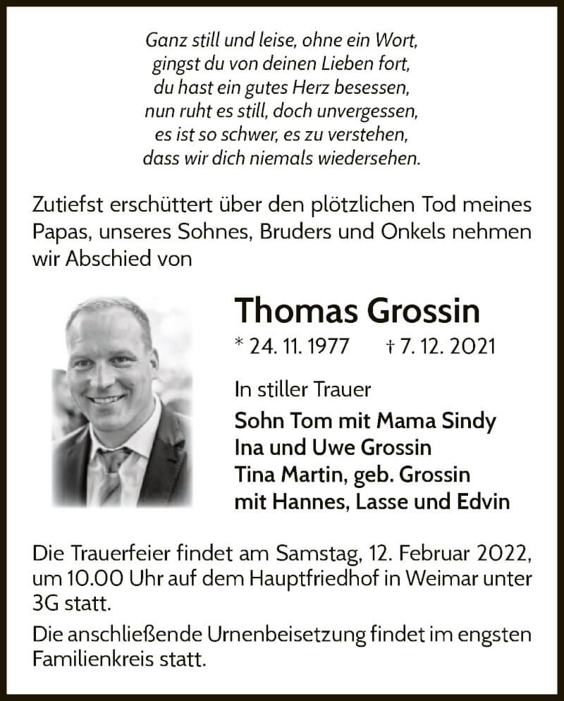  Traueranzeige für Thomas Grossin vom 29.01.2022 aus WLZ