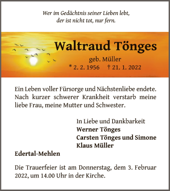 Traueranzeige von Waltraud Tönges von WLZ