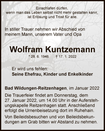 Traueranzeige von Wolfram Kuntzemann von WLZ