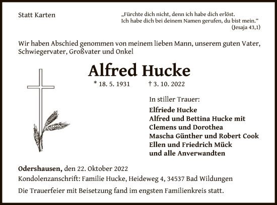 Traueranzeige von Alfred Hucke von WLZ