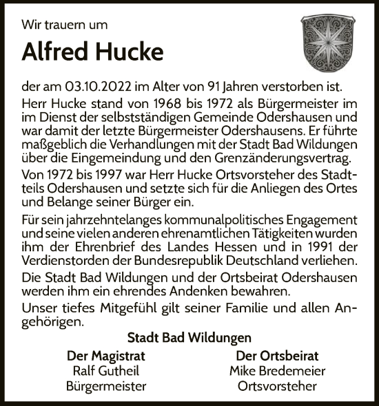 Traueranzeige von Alfred Hucke von WLZ