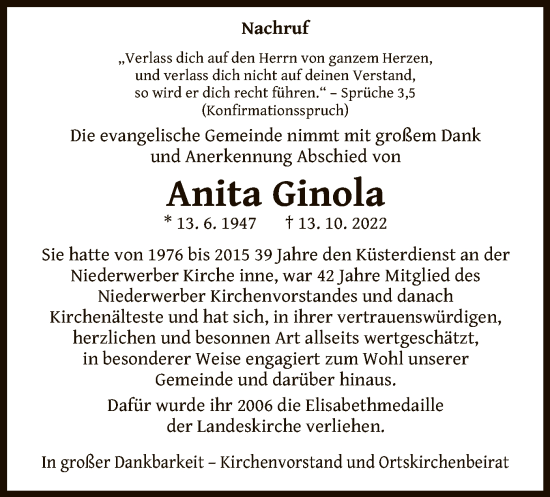 Traueranzeige von Anita Ginola von WLZ