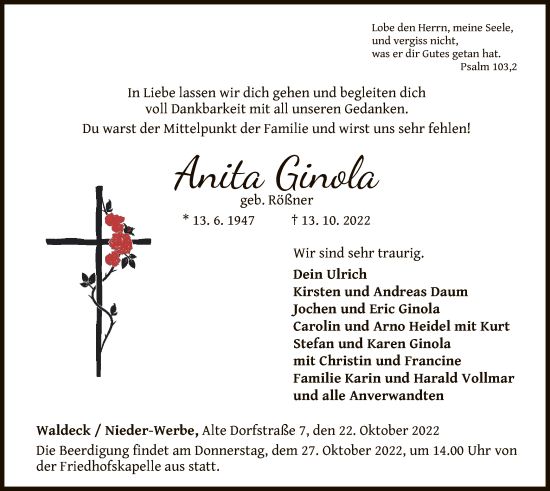 Traueranzeige von Anita Ginola von WLZ