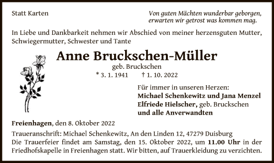 Traueranzeige von Anne Bruckschen-Müller von WLZ