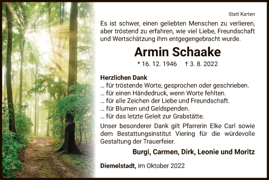 Traueranzeige von Armin Schaake von WLZ