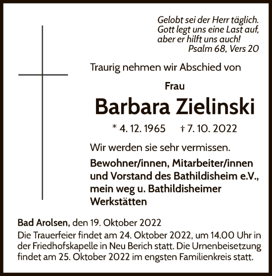 Traueranzeige von Barbara Zielinski von WLZ