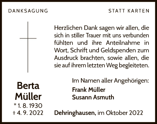 Traueranzeige von Berta Müller von WLZ