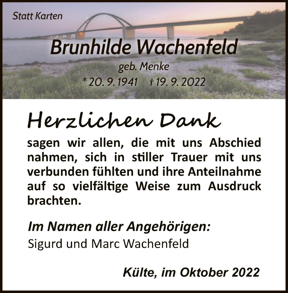  Traueranzeige für Brunhilde Wachenfeld vom 22.10.2022 aus WLZ
