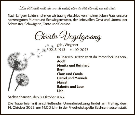 Traueranzeige von Christa Vogelgesang von WLZ