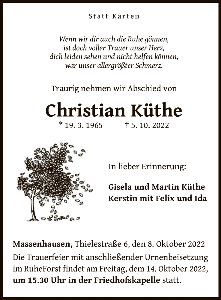  Traueranzeige für Christian Küthe vom 08.10.2022 aus WLZ