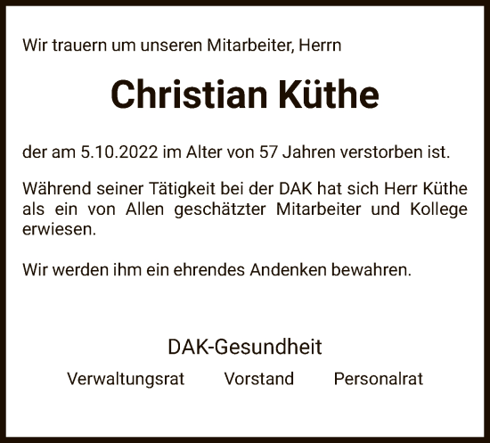 Traueranzeige von Christian Küthe von WLZ