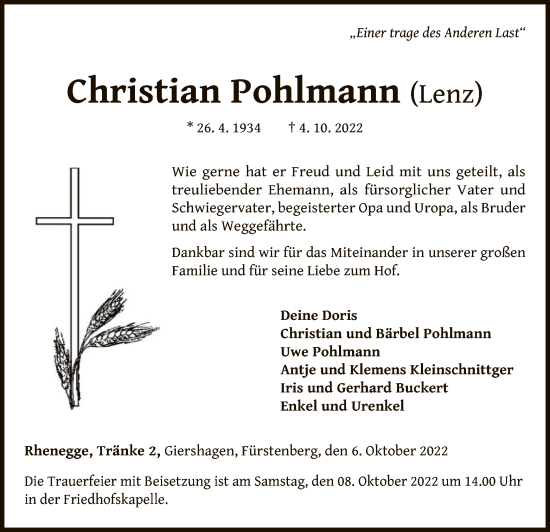 Traueranzeige von Christian Pohlmann von WLZ