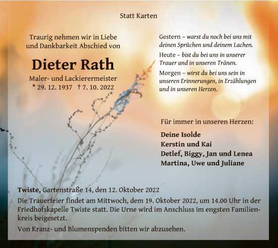 Traueranzeige von Dieter Rath von WLZ