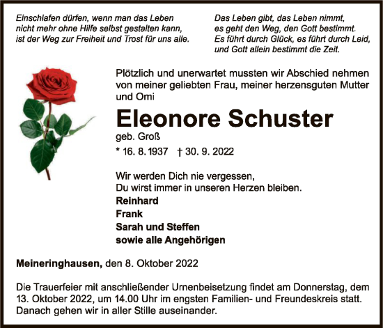 Traueranzeige von Eleonore Schuster von WLZ