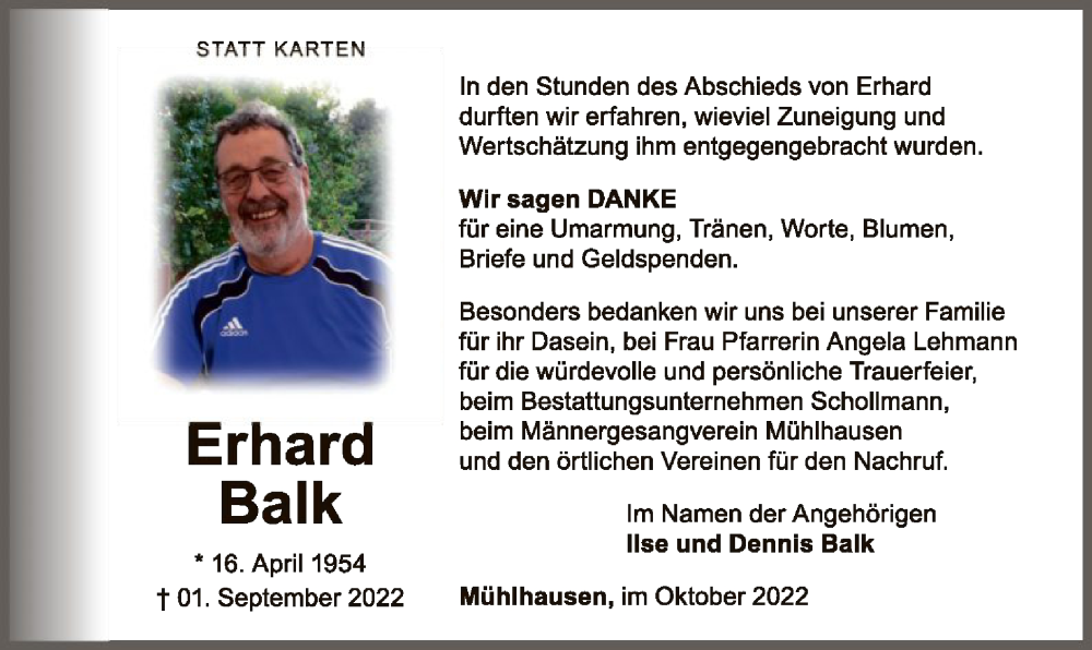 Traueranzeige für Erhard Balk vom 29.10.2022 aus WLZ