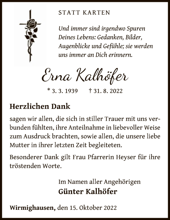 Traueranzeige von Erna Kalhöfer von WLZ