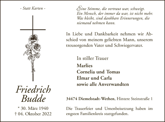 Traueranzeige von Friedrich Budde von WLZ