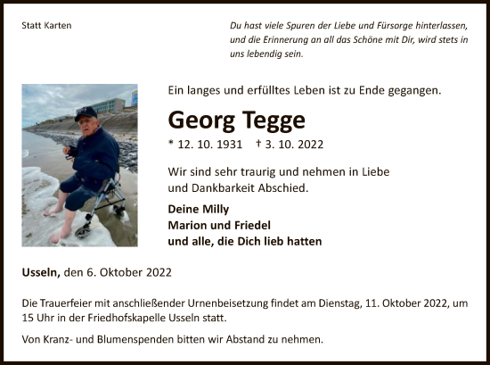 Traueranzeige von Georg Tegge von WLZ