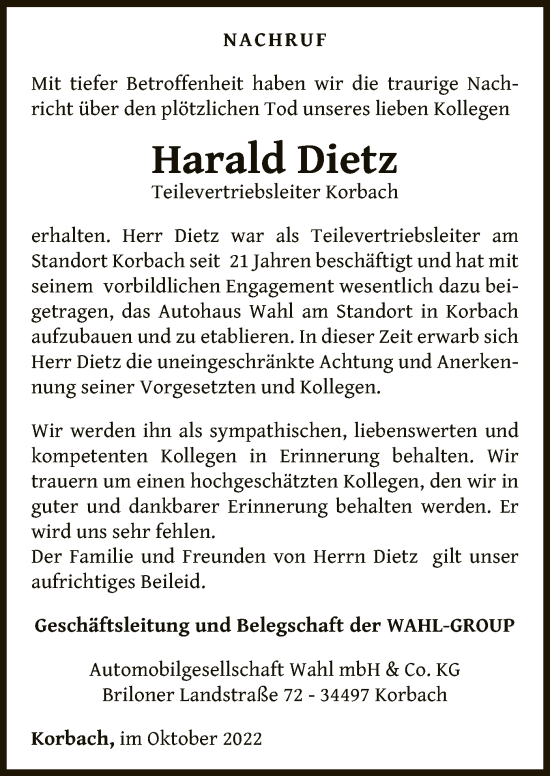 Traueranzeige von Harald Dietz von WLZ