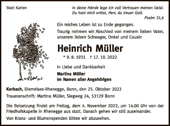 Traueranzeige von Heinrich Müller von WLZ