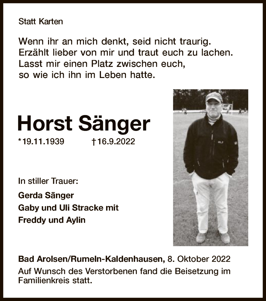  Traueranzeige für Horst Sänger vom 08.10.2022 aus WLZ