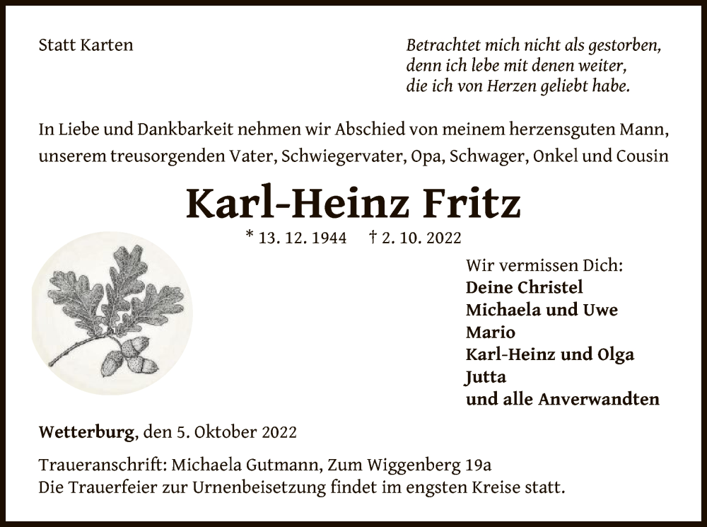  Traueranzeige für Karl-Heinz Fritz vom 05.10.2022 aus WLZ