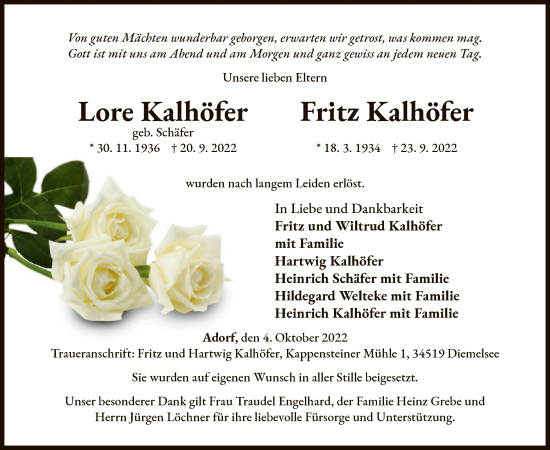 Traueranzeige von Lore und Fritz Kalhöfer von WLZ