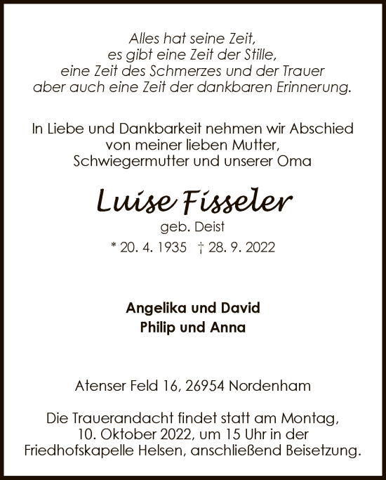 Traueranzeige von Luise Fisseler von WLZ