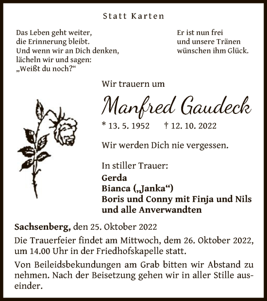 Traueranzeige von Manfred Gaudeck von WLZ