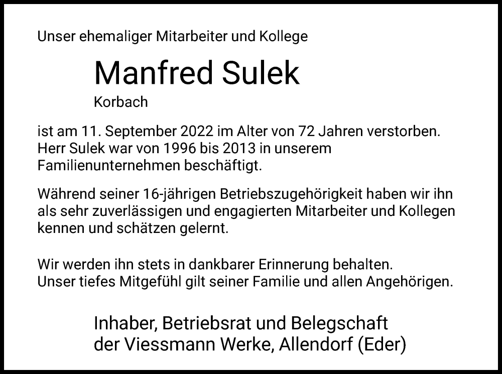  Traueranzeige für Manfred Sulek vom 04.10.2022 aus WLZ
