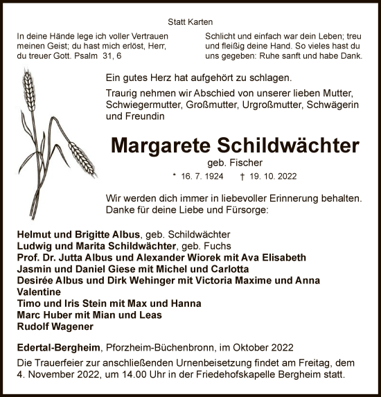 Traueranzeige von Margarete Schildwächter von WLZ