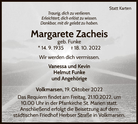 Traueranzeige von Margarete Zacheis von WLZ