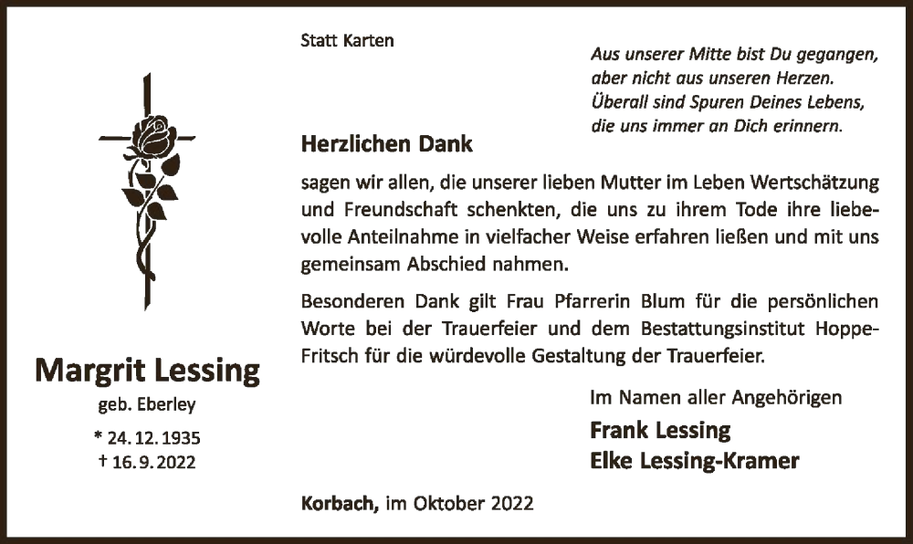  Traueranzeige für Margrit Lessing vom 29.10.2022 aus WLZ