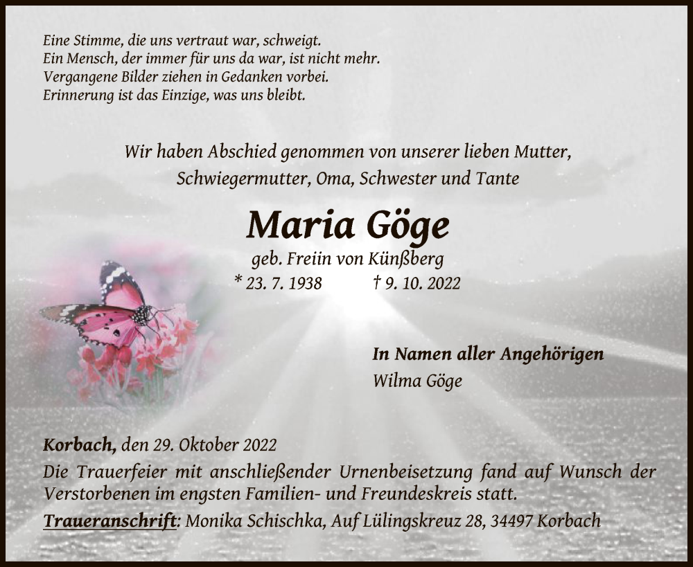  Traueranzeige für Maria Göge vom 29.10.2022 aus WLZ