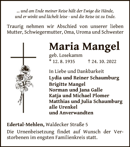 Traueranzeige von Maria Mangel von WLZ