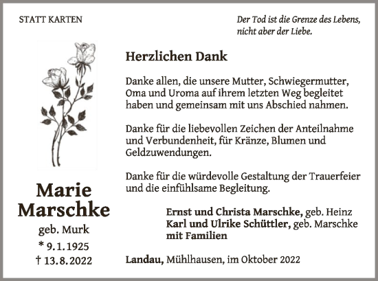 Traueranzeige von Marie Marschke von WLZ