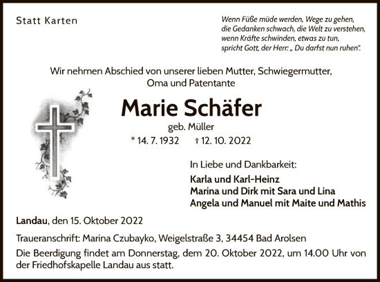 Traueranzeige von Marie Schäfer von WLZ