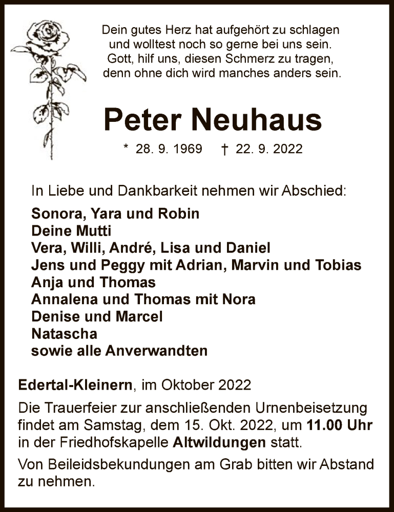  Traueranzeige für Peter Neuhaus vom 08.10.2022 aus WLZ